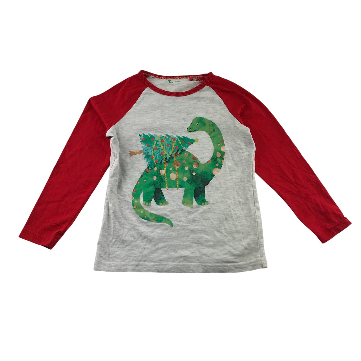 Tu Festive T-Shirt 5-6 Years Grey with Red Sleeves Dinosaur with Christmas Tree