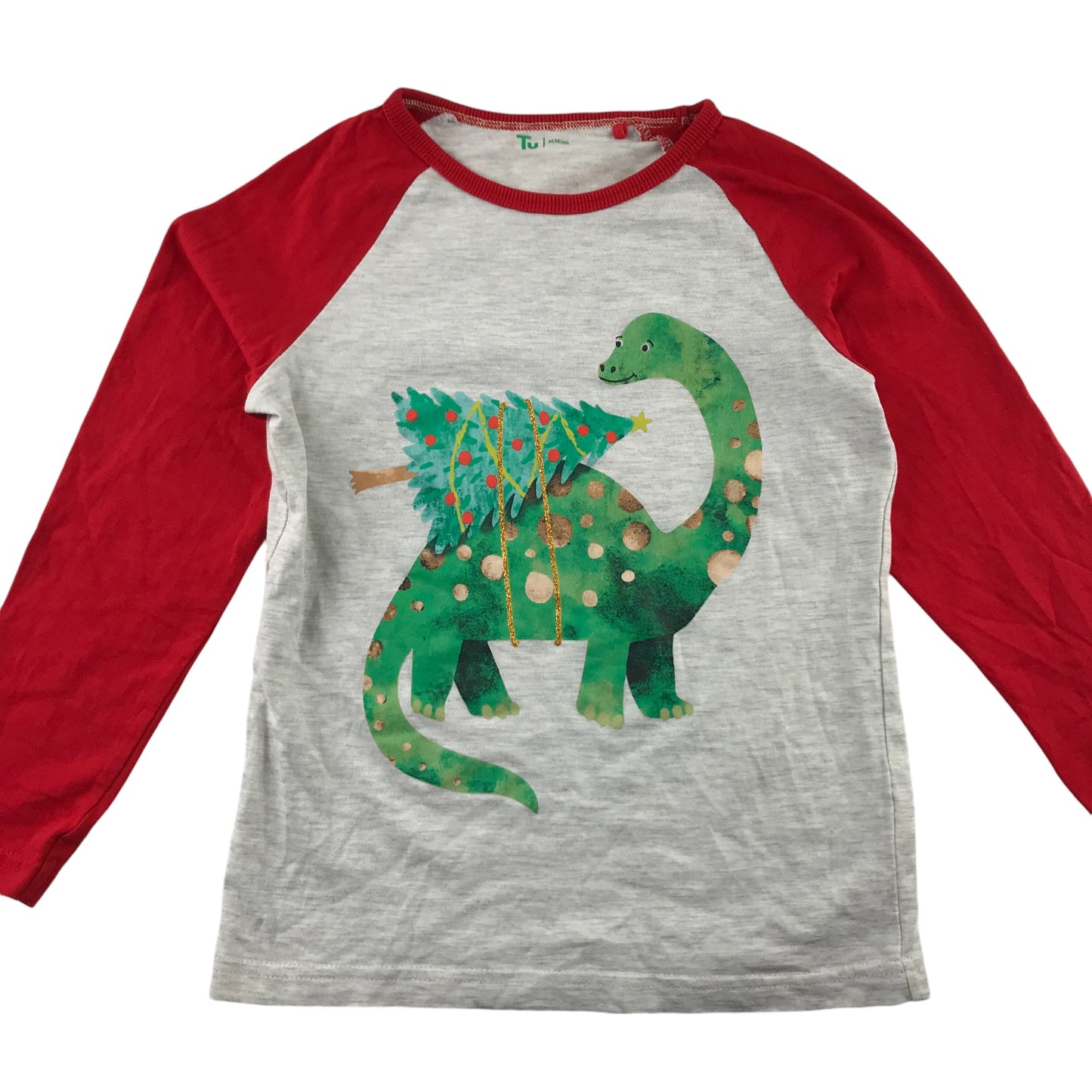 Tu Festive T-Shirt 5-6 Years Grey with Red Sleeves Dinosaur with Christmas Tree