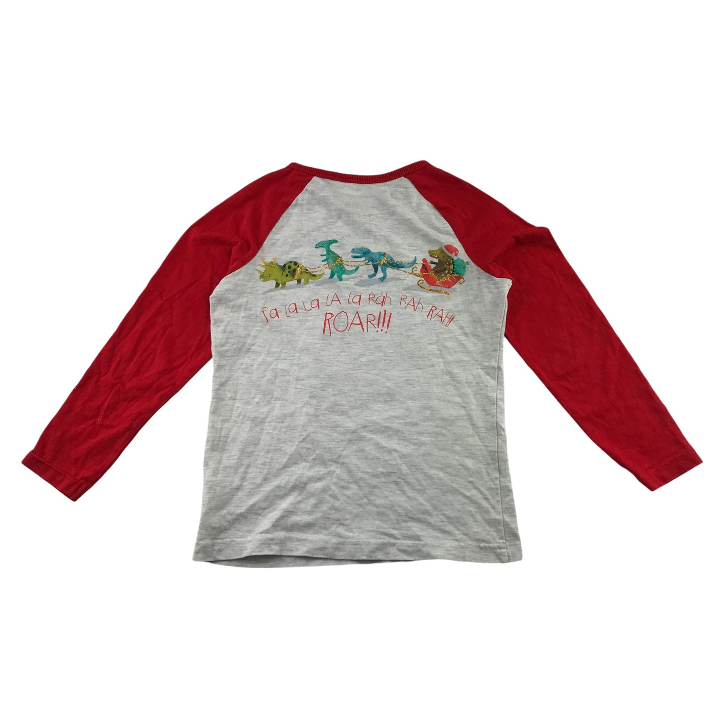 Tu Festive T-Shirt 5-6 Years Grey with Red Sleeves Dinosaur with Christmas Tree