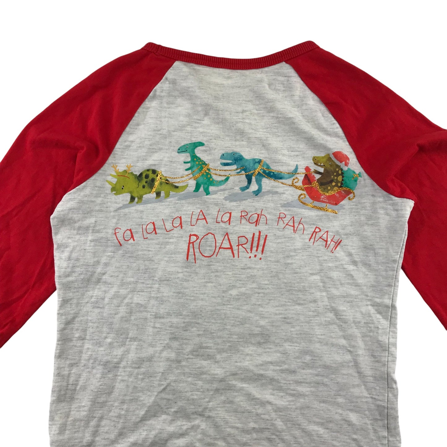 Tu Festive T-Shirt 5-6 Years Grey with Red Sleeves Dinosaur with Christmas Tree