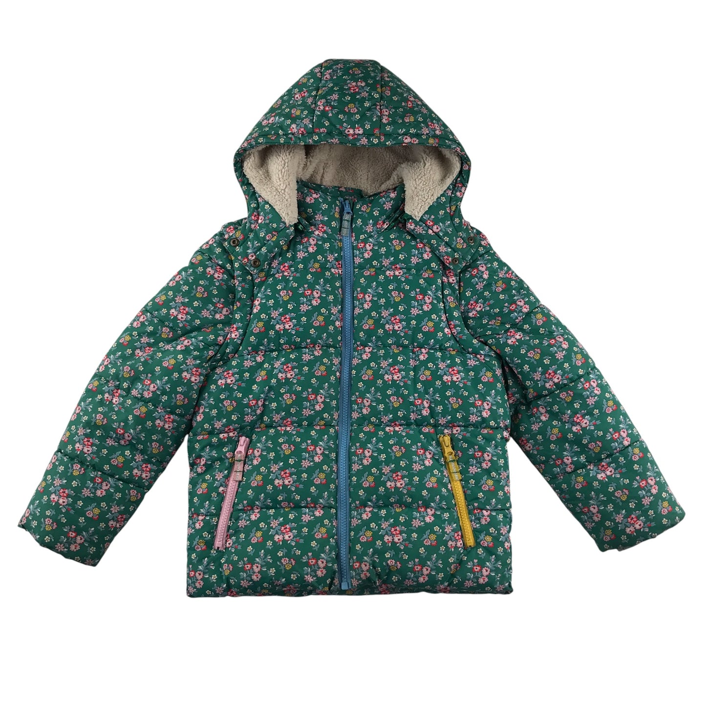 Boden jacket 7-8 years green floral print puffer with fluffy lining