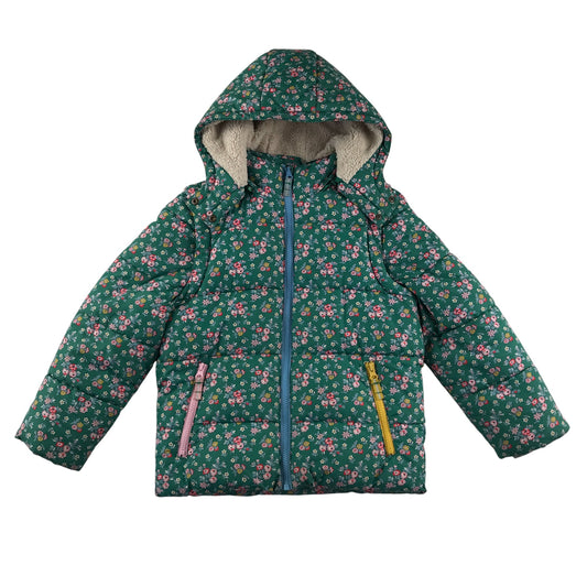 Boden jacket 7-8 years green floral print puffer with fluffy lining