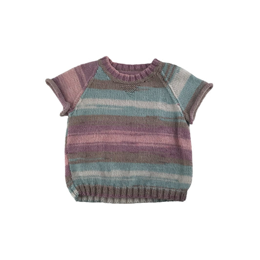 Handmade Jumper Top Age 4 Pink Light Blue Stripy Short Sleeve Knit