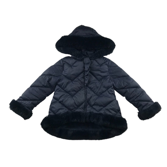 Abel and Lula 5-6 Years Navy Puffer Jacket with Fluffy Trim Around Hood Arms and Waist