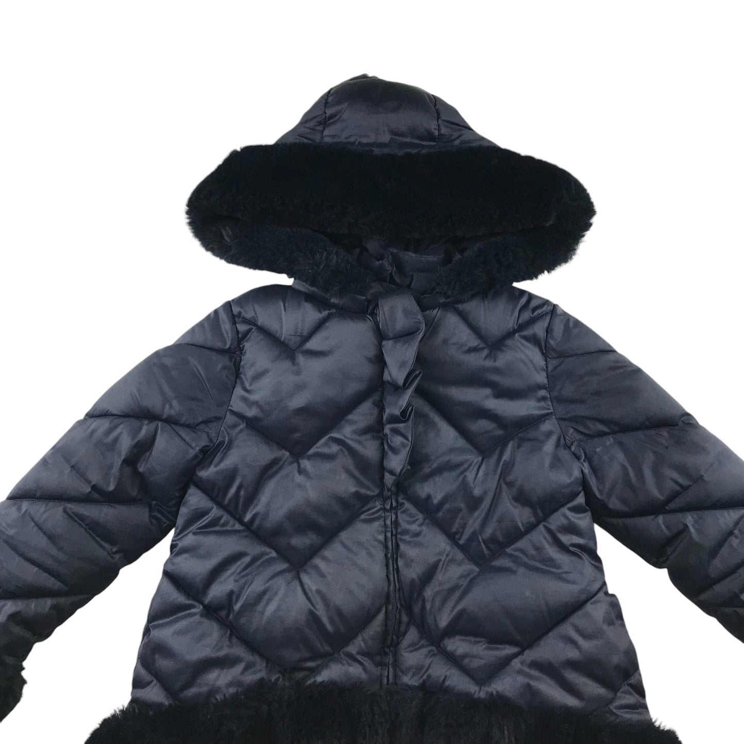 Abel and Lula 5-6 Years Navy Puffer Jacket with Fluffy Trim Around Hood Arms and Waist