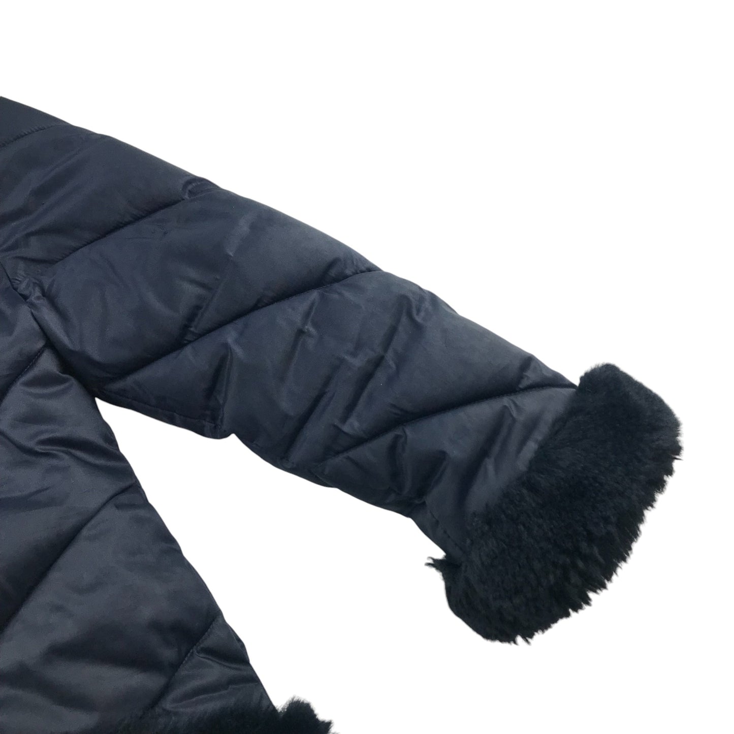 Abel and Lula 5-6 Years Navy Puffer Jacket with Fluffy Trim Around Hood Arms and Waist