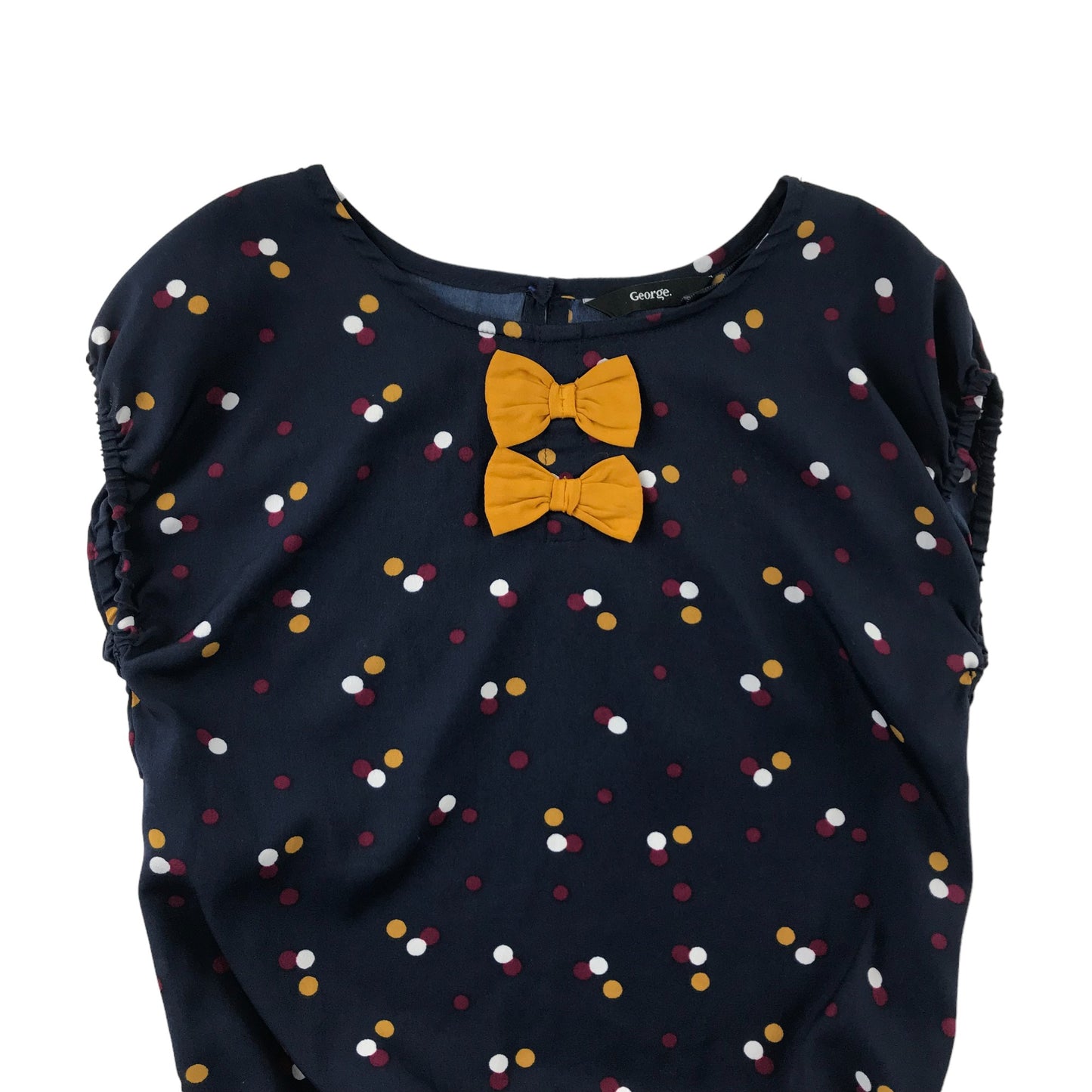 George Blouse Age 8 Navy Blue Multicoloured Polka Dot Bow Tie Detail Shirred Hem