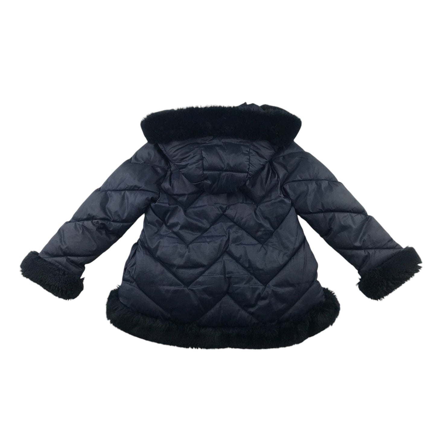 Abel and Lula 5-6 Years Navy Puffer Jacket with Fluffy Trim Around Hood Arms and Waist