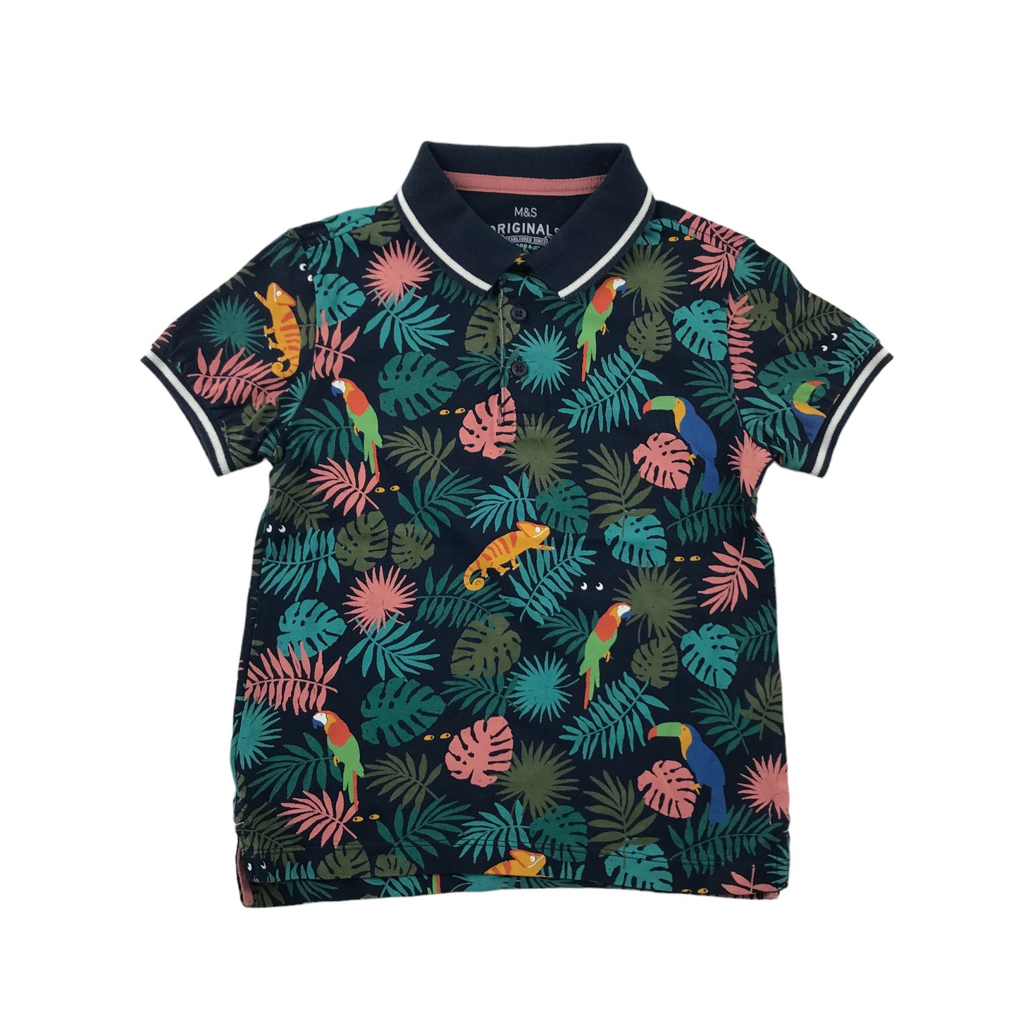 M&S Polo Shirt Age 5 Navy Blue Jungle Print Pattern