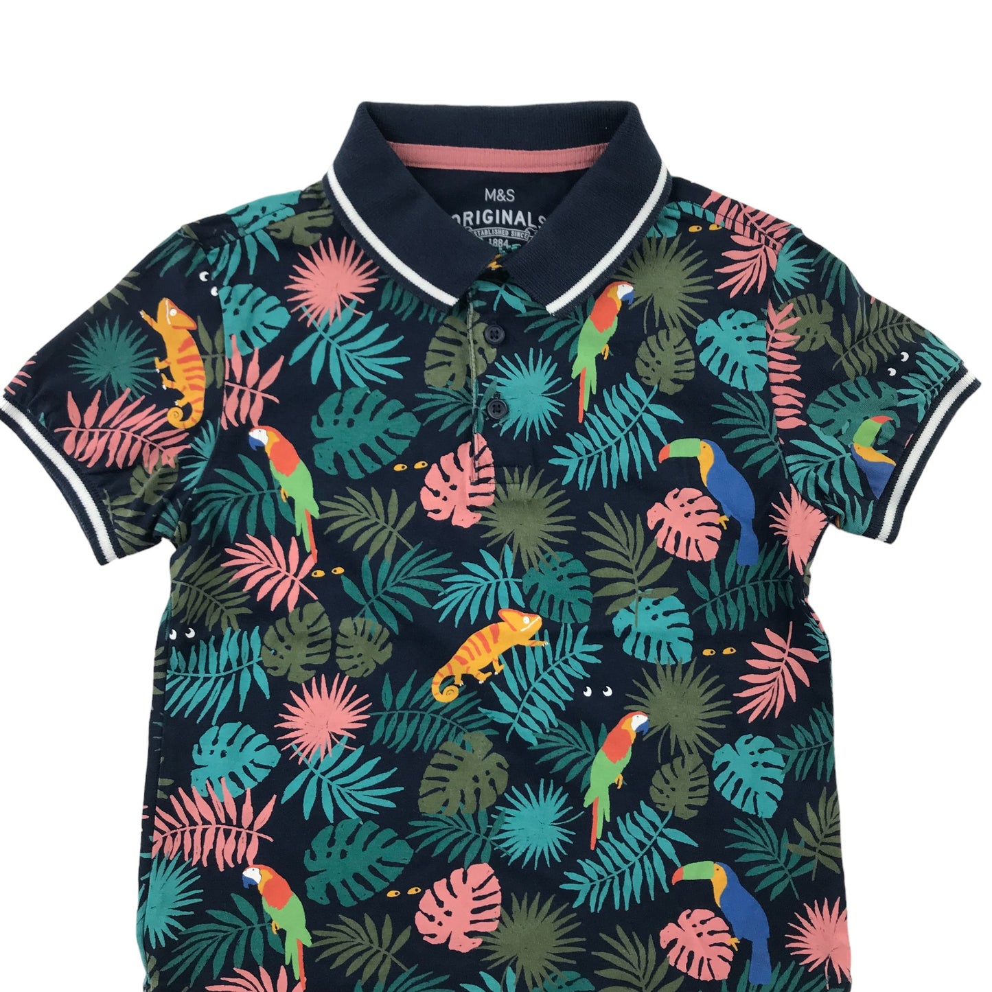 M&S Polo Shirt Age 5 Navy Blue Jungle Print Pattern