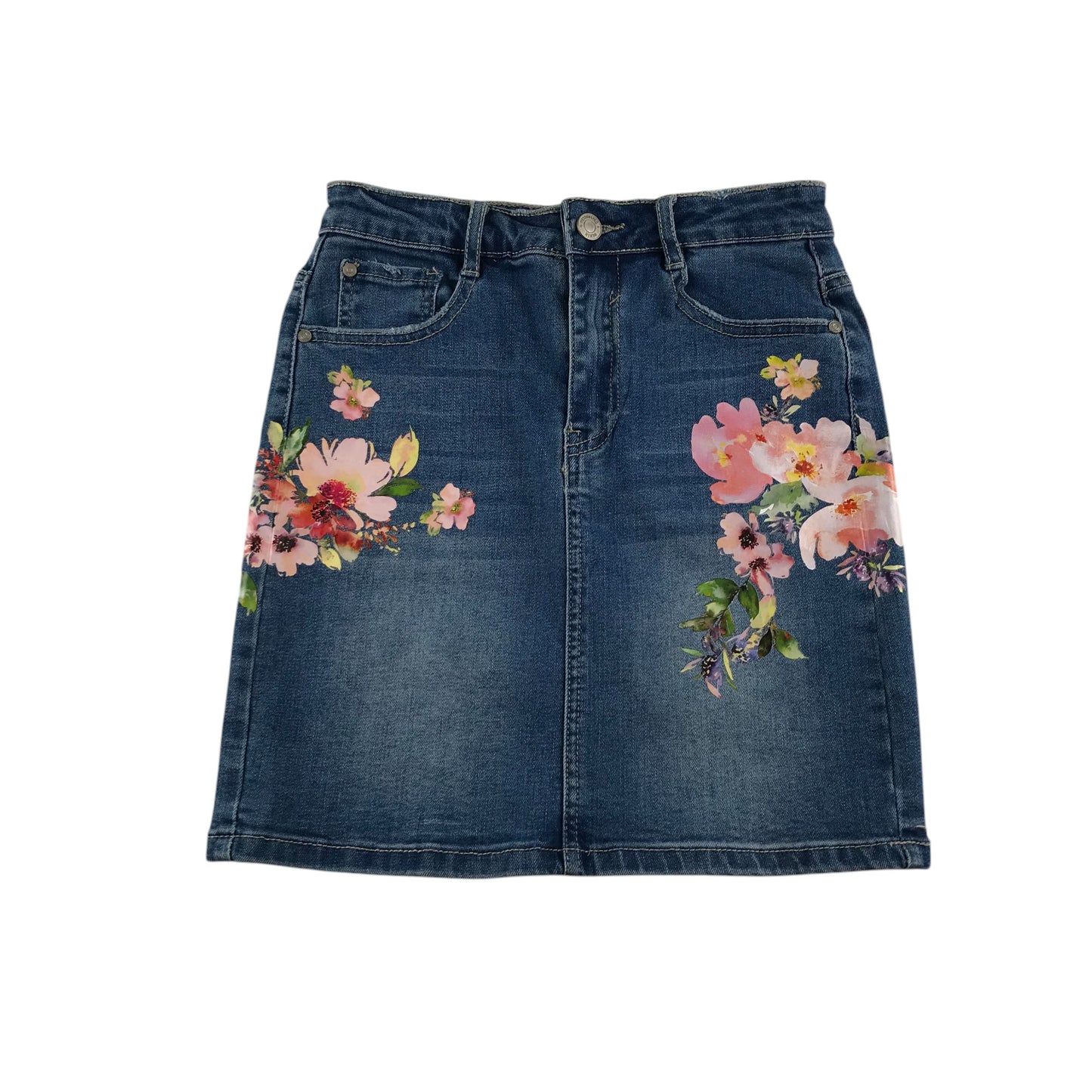 Missguided skirt women's size UK 6 blue denim with floral prints