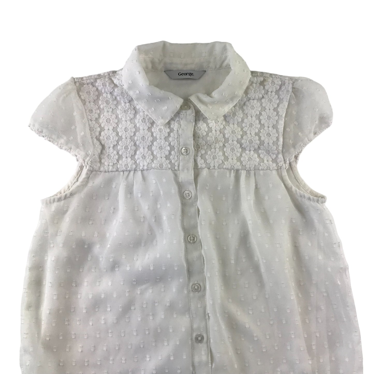 George Blouse Age 8 White Cap Sleeve Button up Embroidered Floral Top