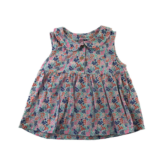 M&S Top Age 6 Pink and Blue Floral Flared Sleeveless Cotton