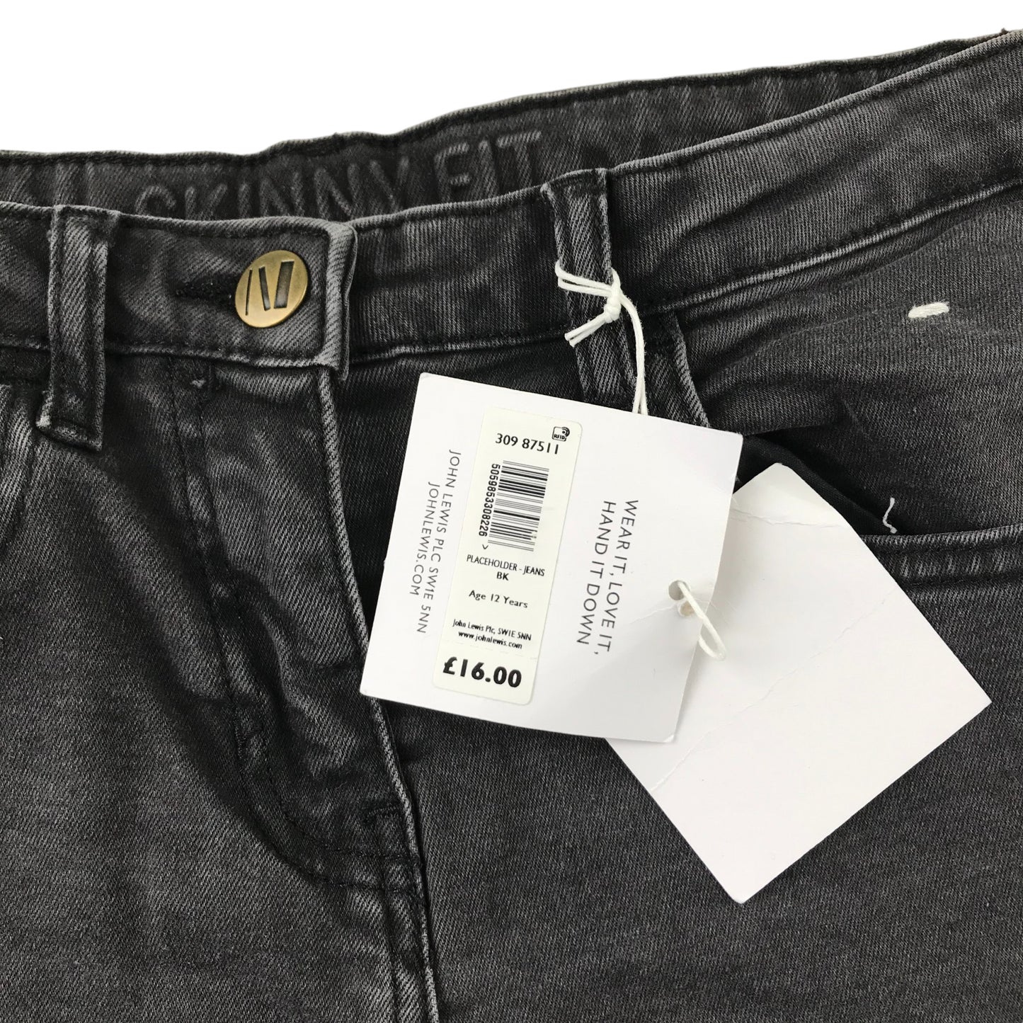 John Lewis jeans 12 years charcoal black stretchy skinny fit