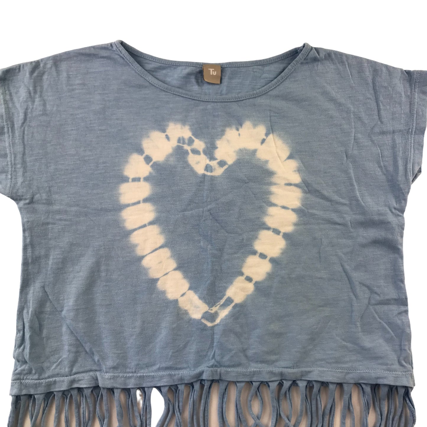 Tu T-shirt Age 9 Light Blue Cropped Fringe Hem Tie Dye Love Heart Cotton