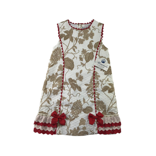 Miranda Dress Age 12 White Beige Leafy Print Pattern with Red Embroidery Detailing