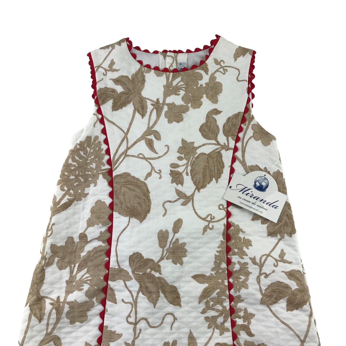 Miranda Dress Age 12 White Beige Leafy Print Pattern with Red Embroidery Detailing