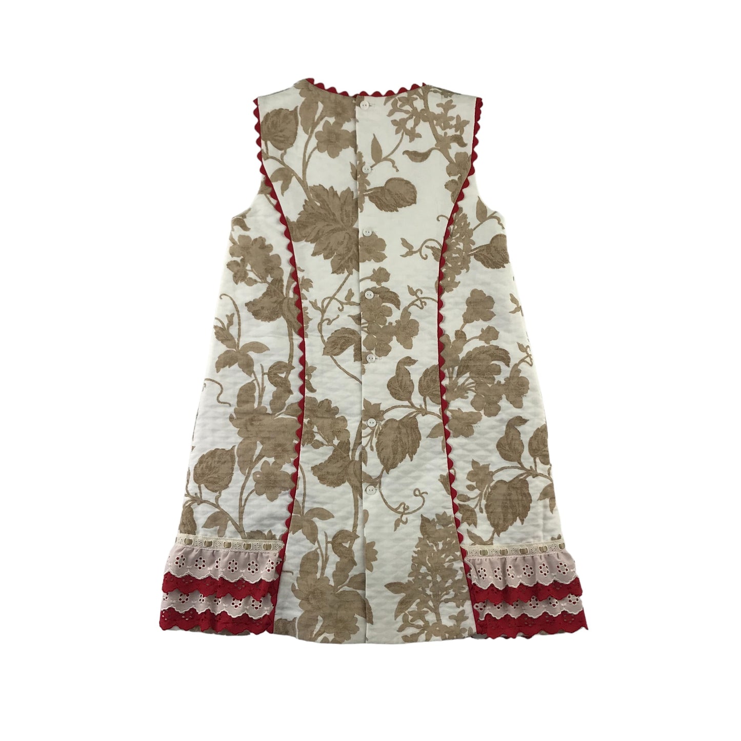 Miranda Dress Age 12 White Beige Leafy Print Pattern with Red Embroidery Detailing