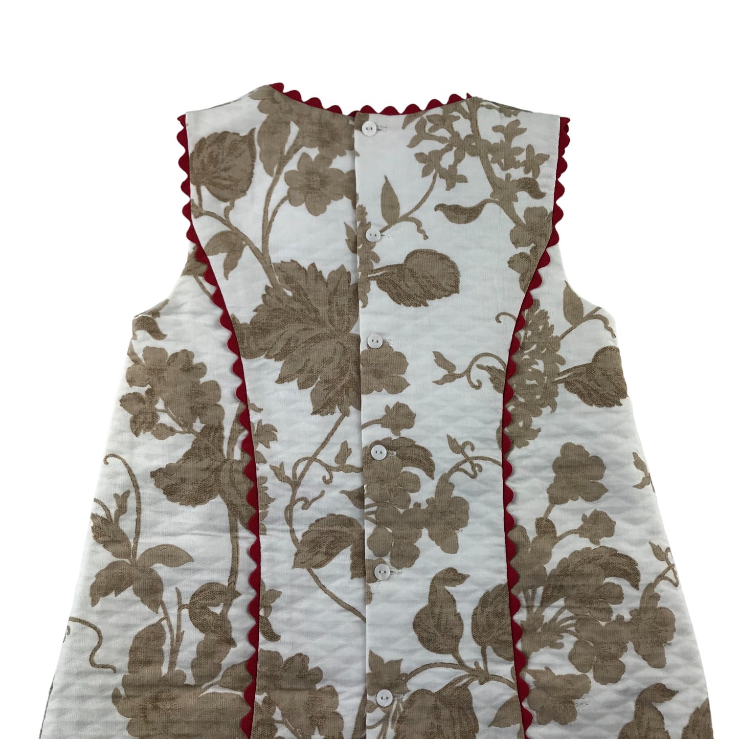 Miranda Dress Age 12 White Beige Leafy Print Pattern with Red Embroidery Detailing