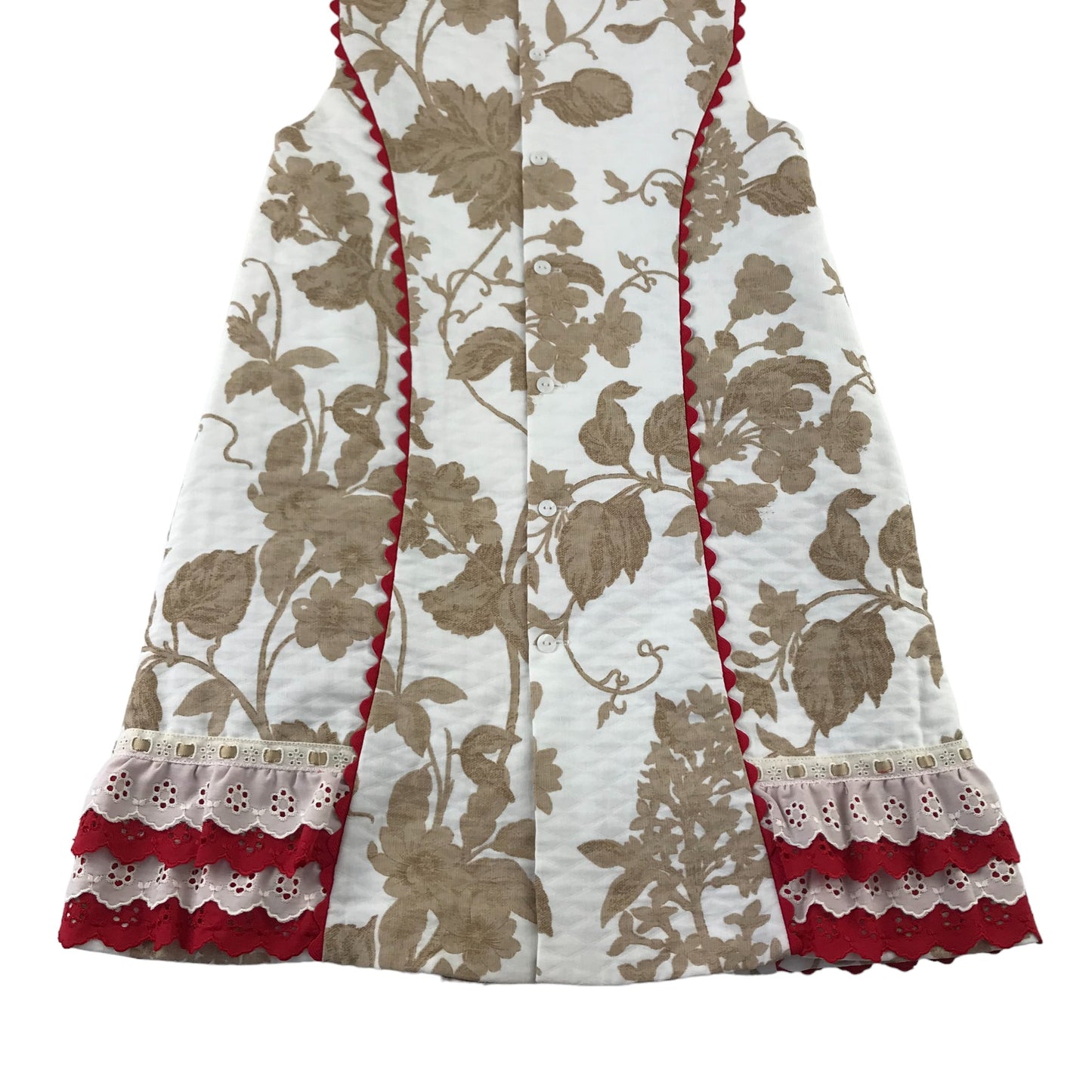 Miranda Dress Age 12 White Beige Leafy Print Pattern with Red Embroidery Detailing