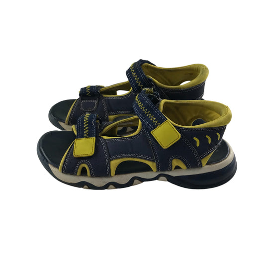 John Lewis sandals shoe size 2 junior navy and yellow with hook and loop straps