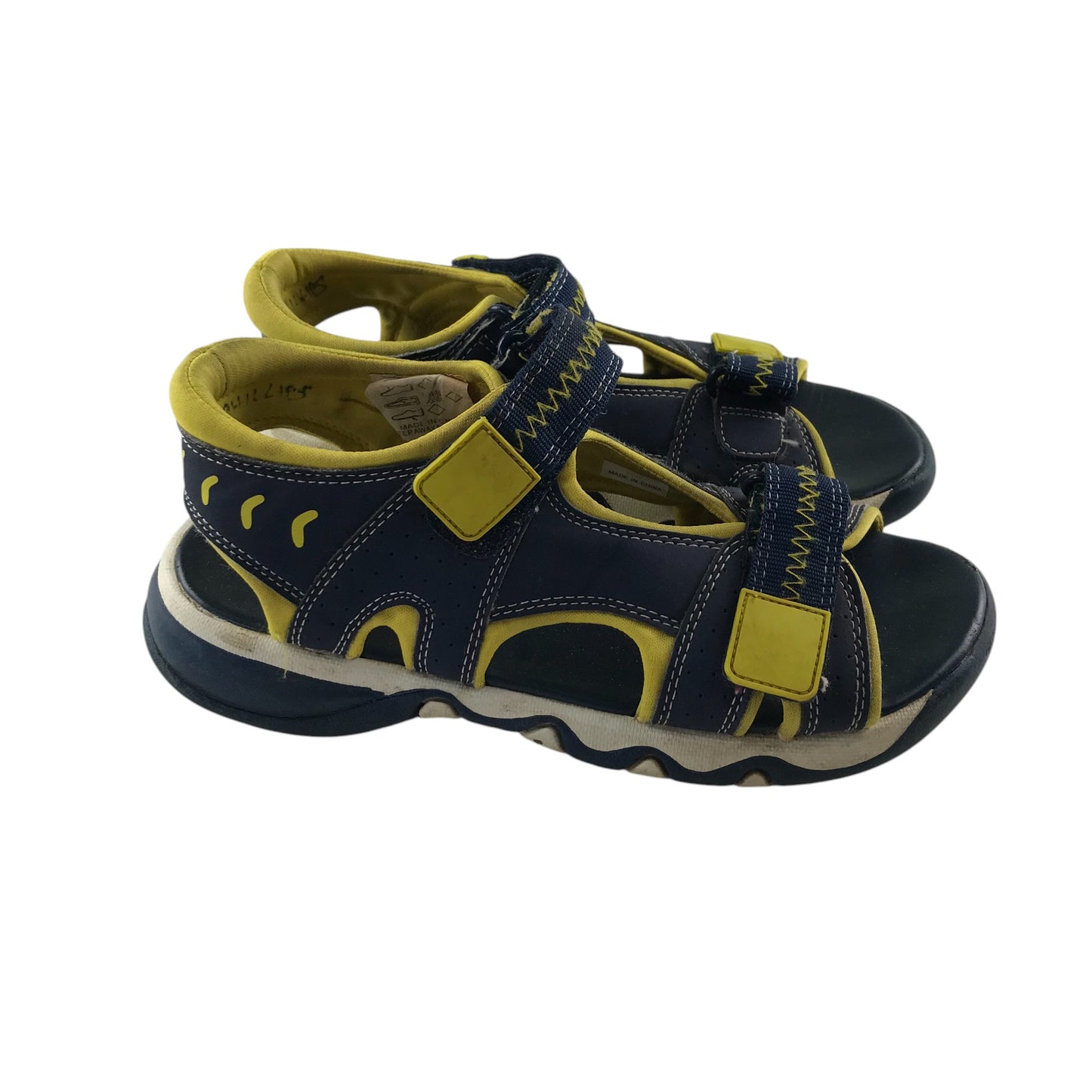 John Lewis sandals shoe size 2 junior navy and yellow with hook and loop straps