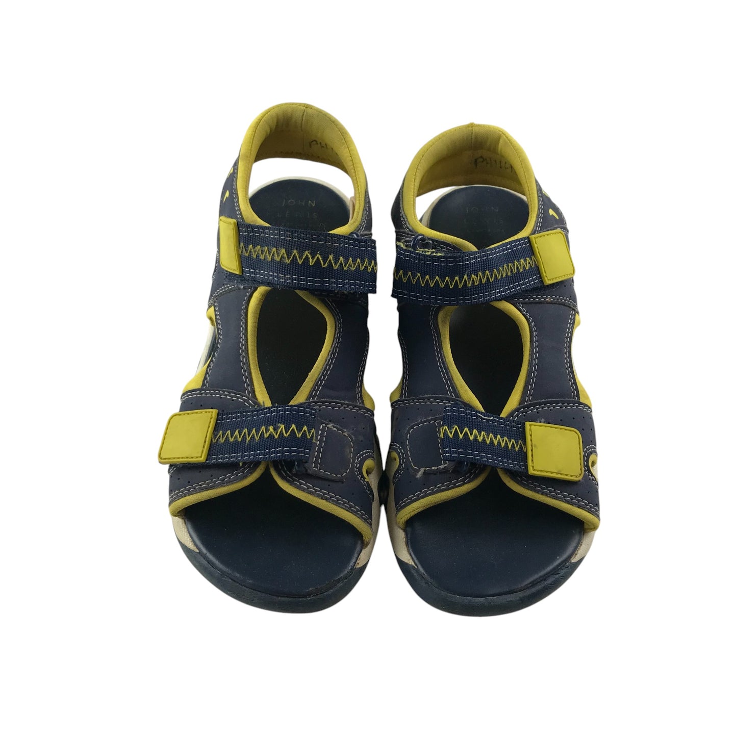 John Lewis sandals shoe size 2 junior navy and yellow with hook and loop straps