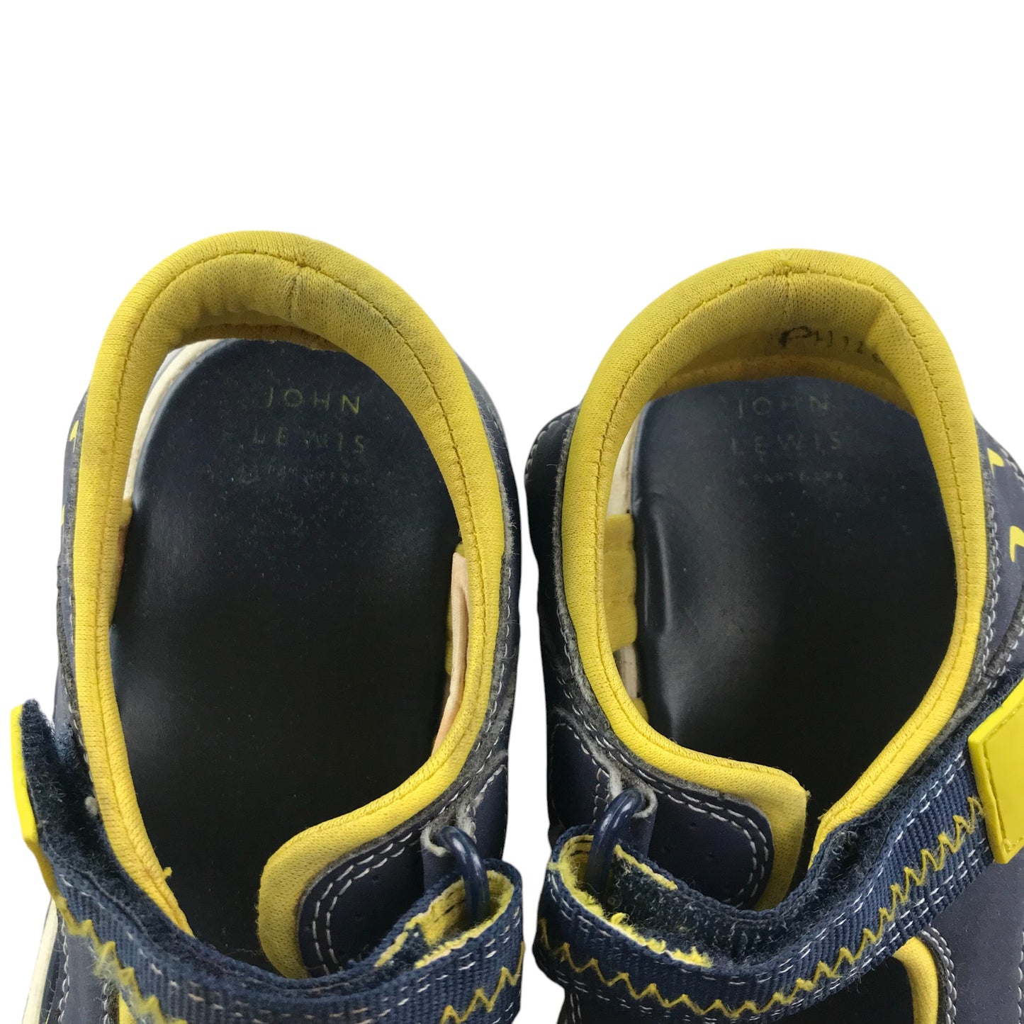 John Lewis sandals shoe size 2 junior navy and yellow with hook and loop straps