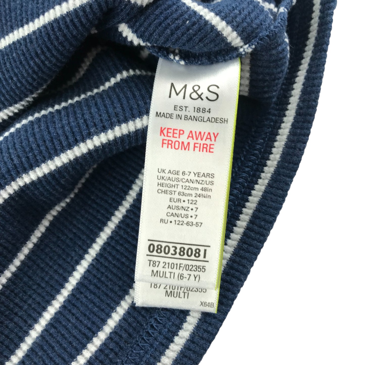 M&S T-shirt Age 6 Navy Blue Long Sleeve Stripy Pattern