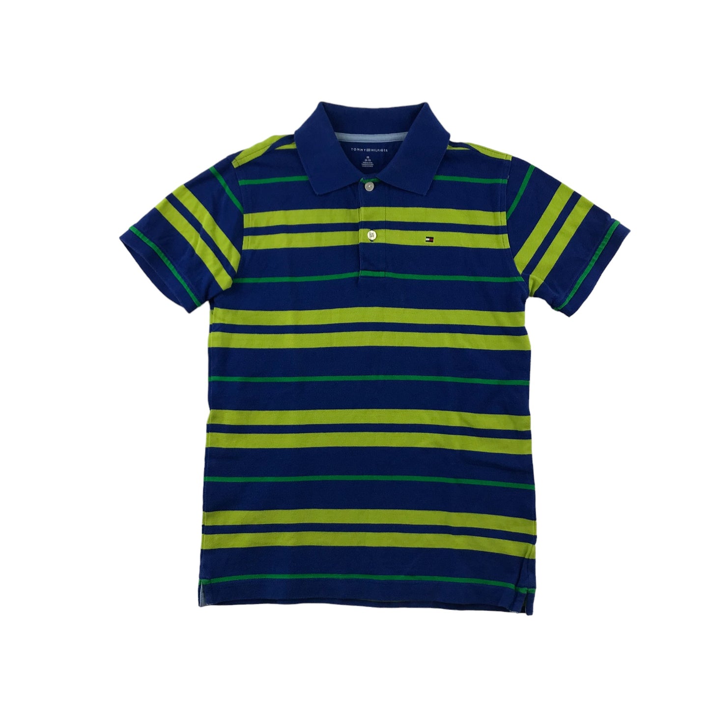 Tommy Hilfiger polo shirt 8-10 years blue and lime green stripy short sleeve