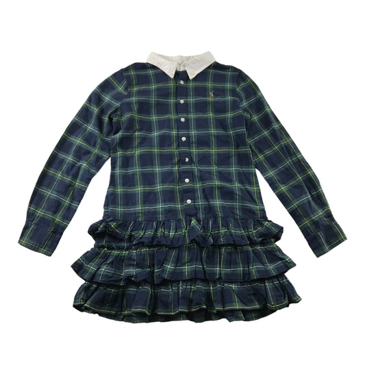 Ralph Lauren Dress Age 10 Navy and Green Checked Shirt Collars Long Sleeve Layered skirt