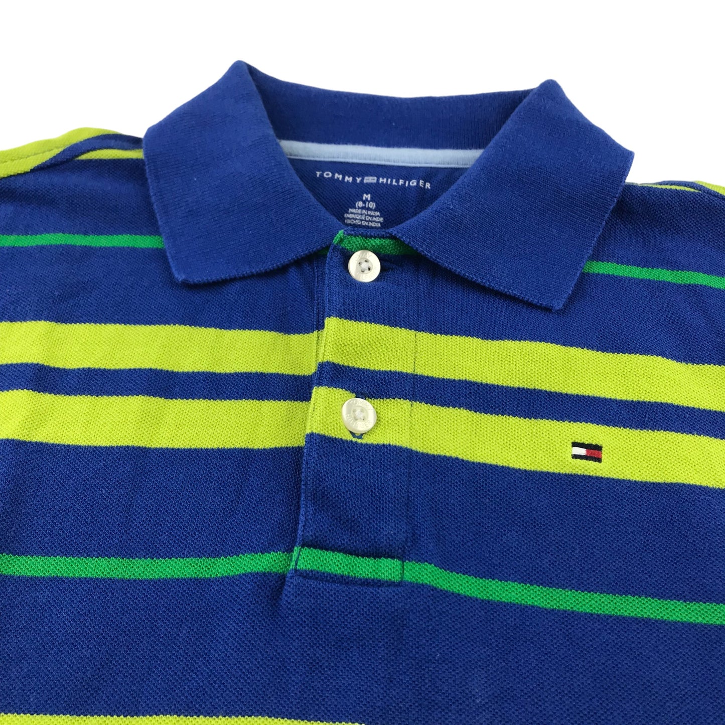 Tommy Hilfiger polo shirt 8-10 years blue and lime green stripy short sleeve