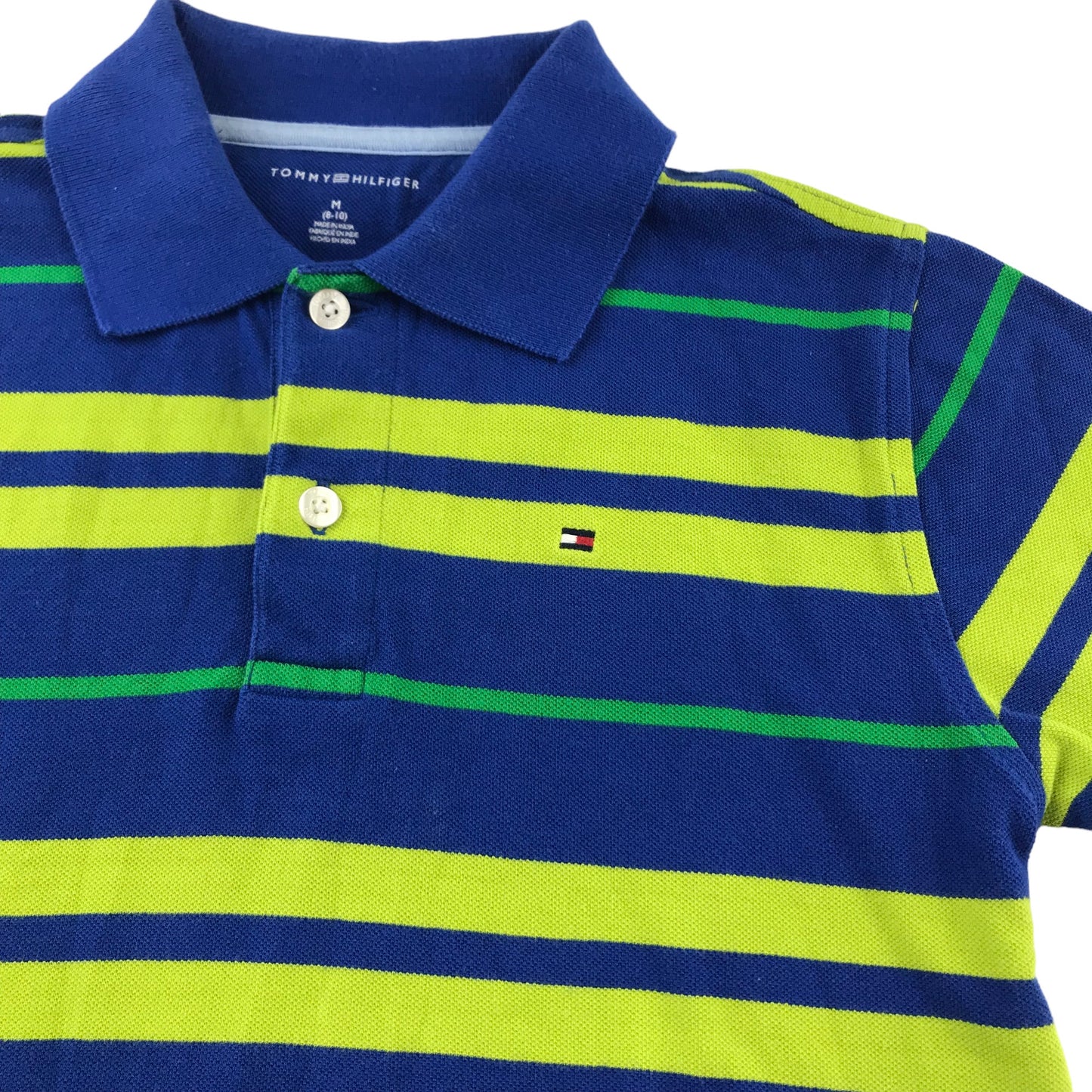 Tommy Hilfiger polo shirt 8-10 years blue and lime green stripy short sleeve