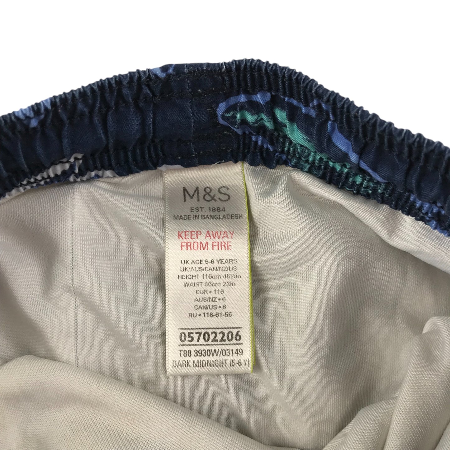 M&S swim trunks 5-6 years navy blue sharks pattern