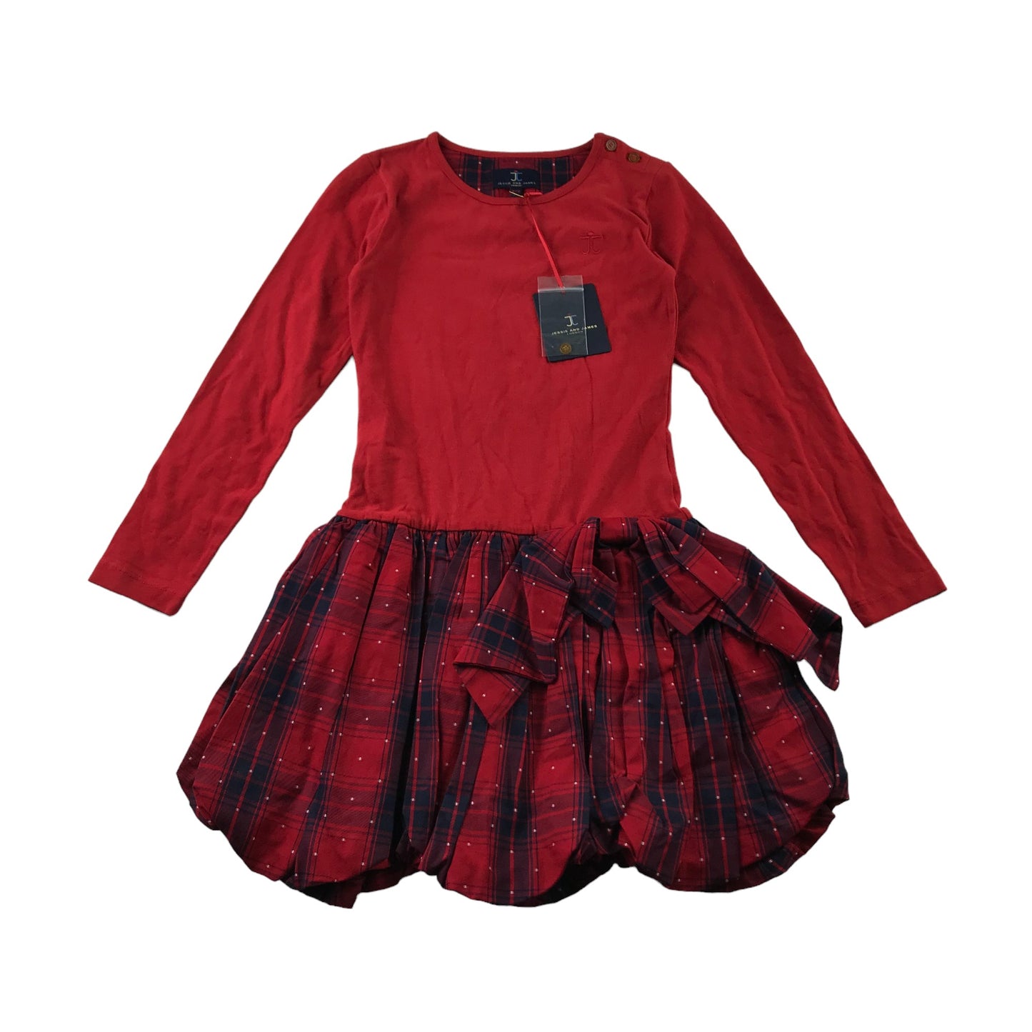 Jessie and James Dress Age 8 Red and Navy T-shirt with Checked Scallop Skirt