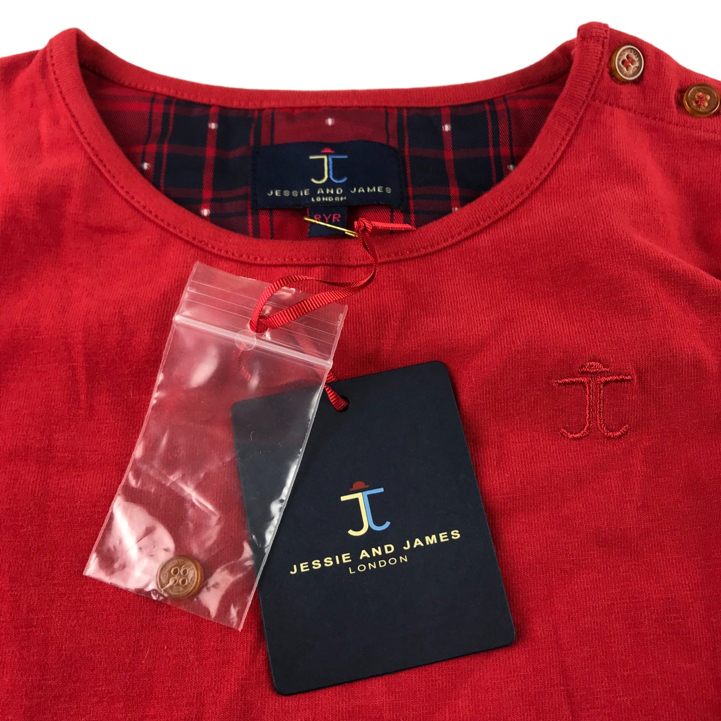 Jessie and James Dress Age 8 Red and Navy T-shirt with Checked Scallop Skirt