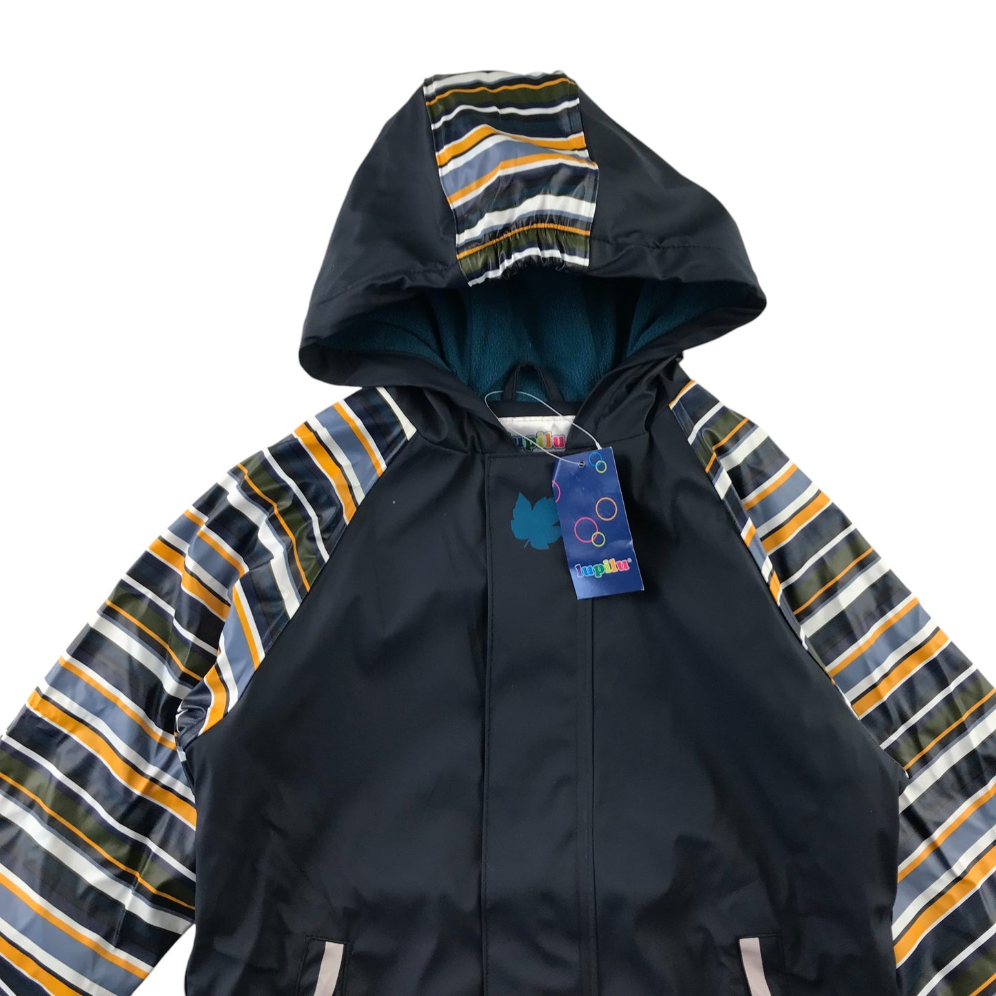 Lupilu Rain Jacket 4-6 Years Navy with Multi-coloured Arms and Hood Detail