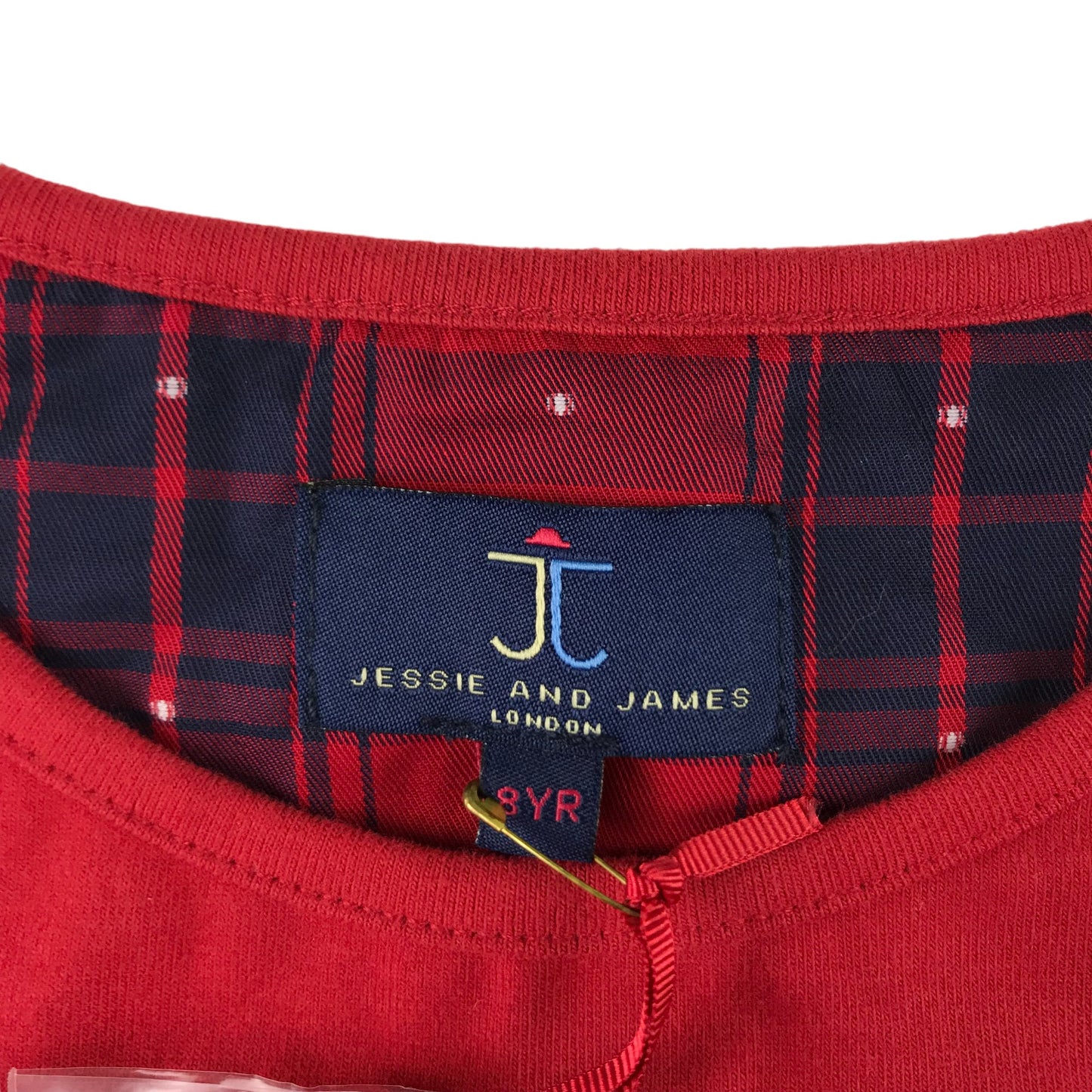 Jessie and James Dress Age 8 Red and Navy T-shirt with Checked Scallop Skirt