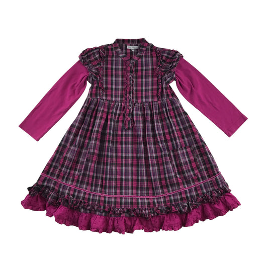 M&S dress 5-6 years pink long sleeve checked pattern frilled hem cotton