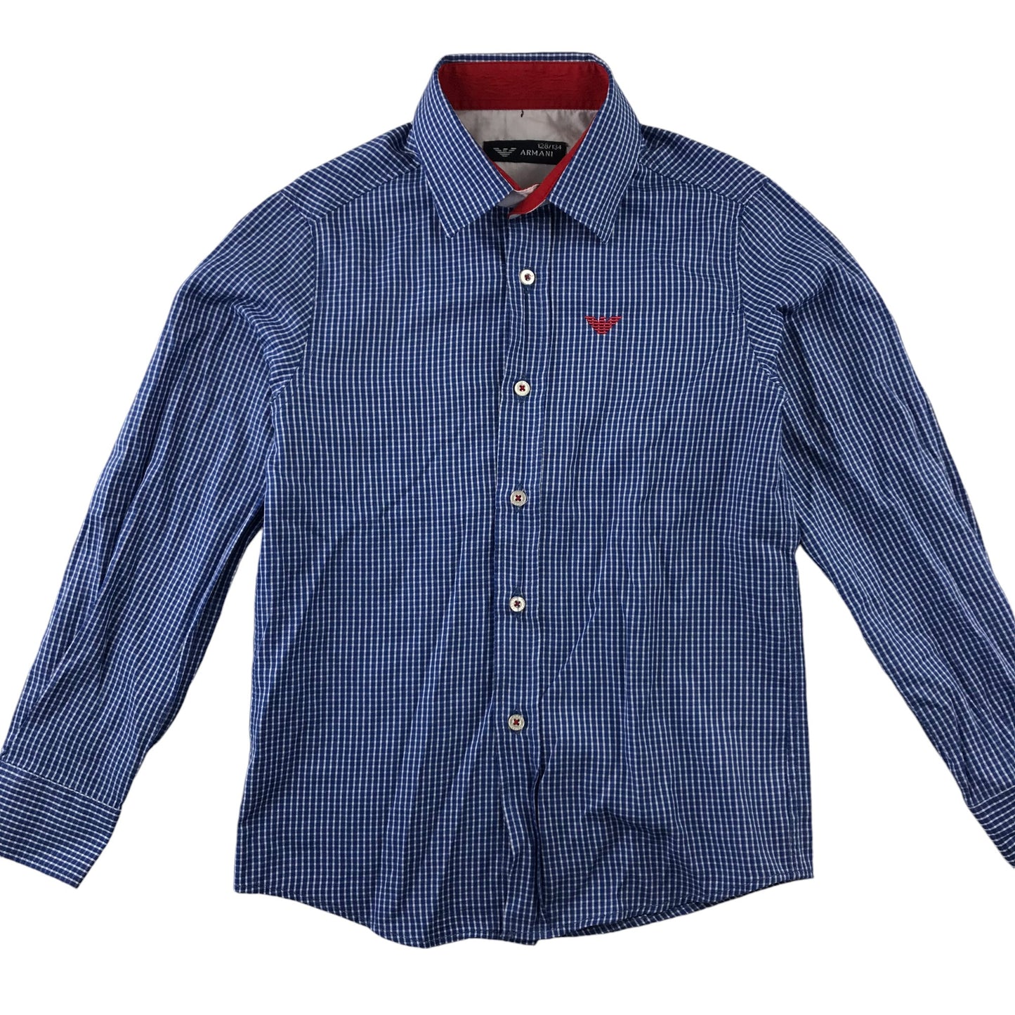 Armani Shirt 8-9 Years Blue and White Checked Button-Up with Red Logo