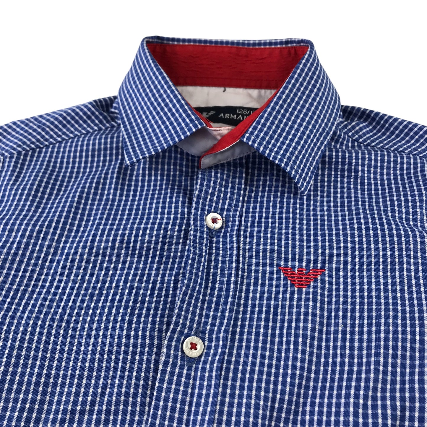 Armani Shirt 8-9 Years Blue and White Checked Button-Up with Red Logo