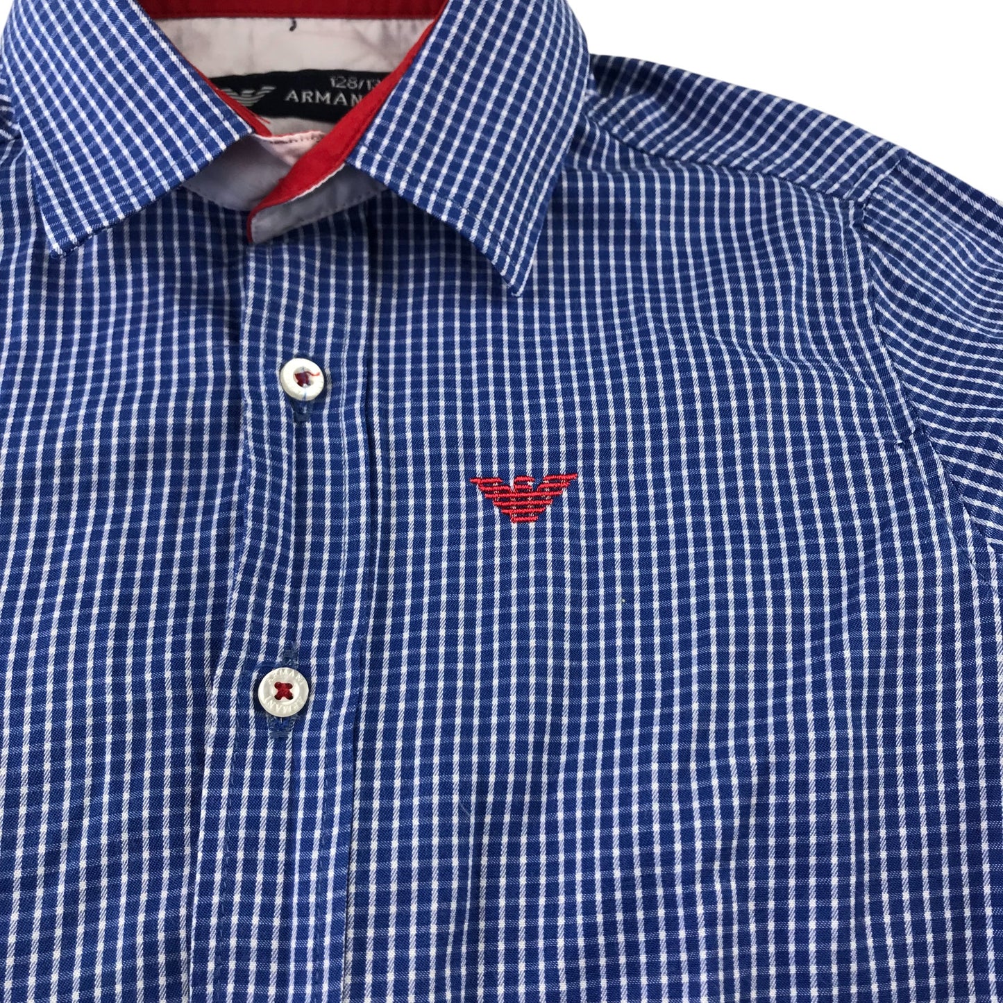 Armani Shirt 8-9 Years Blue and White Checked Button-Up with Red Logo