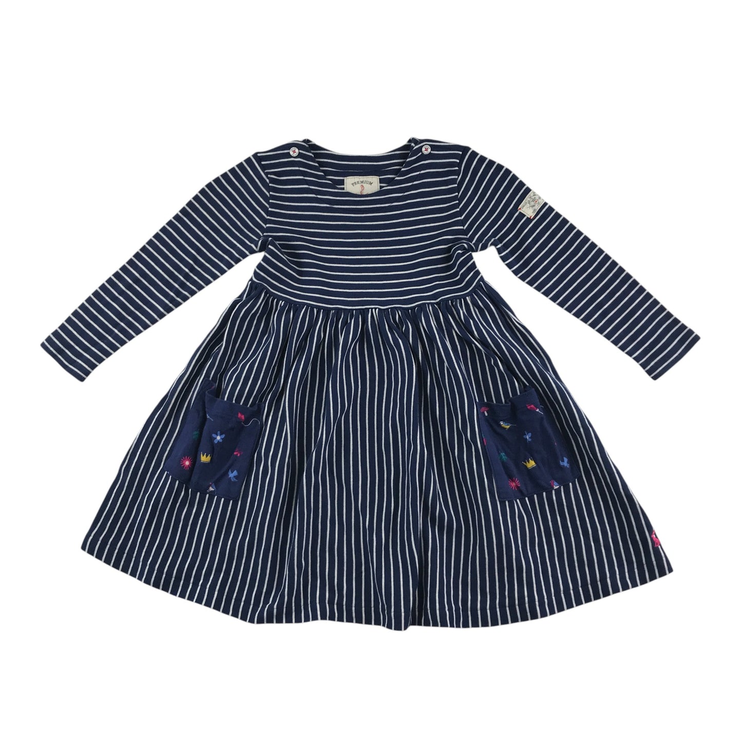 Joules dress 5-6 years navy with white stripes and 2 front pockets with graphic prints