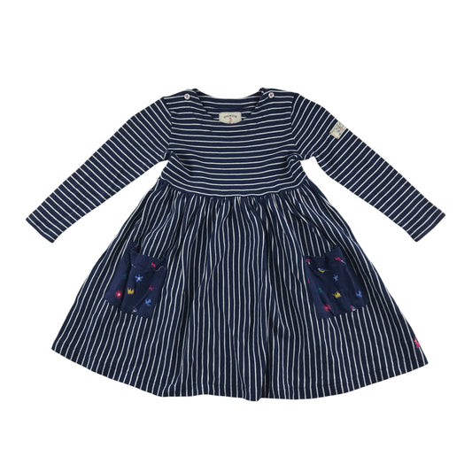 Joules dress 5-6 years navy with white stripes and 2 front pockets with graphic prints