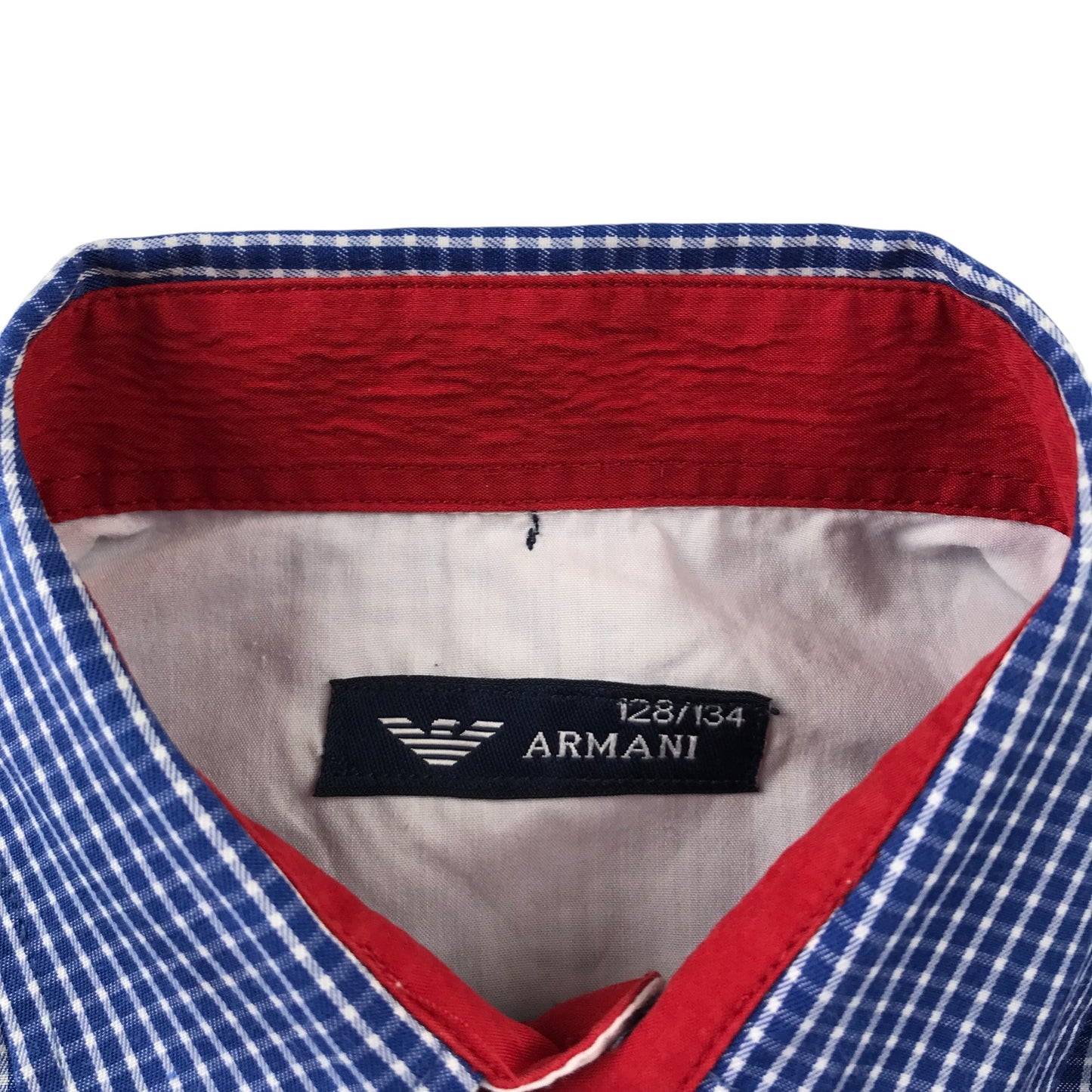 Armani Shirt 8-9 Years Blue and White Checked Button-Up with Red Logo