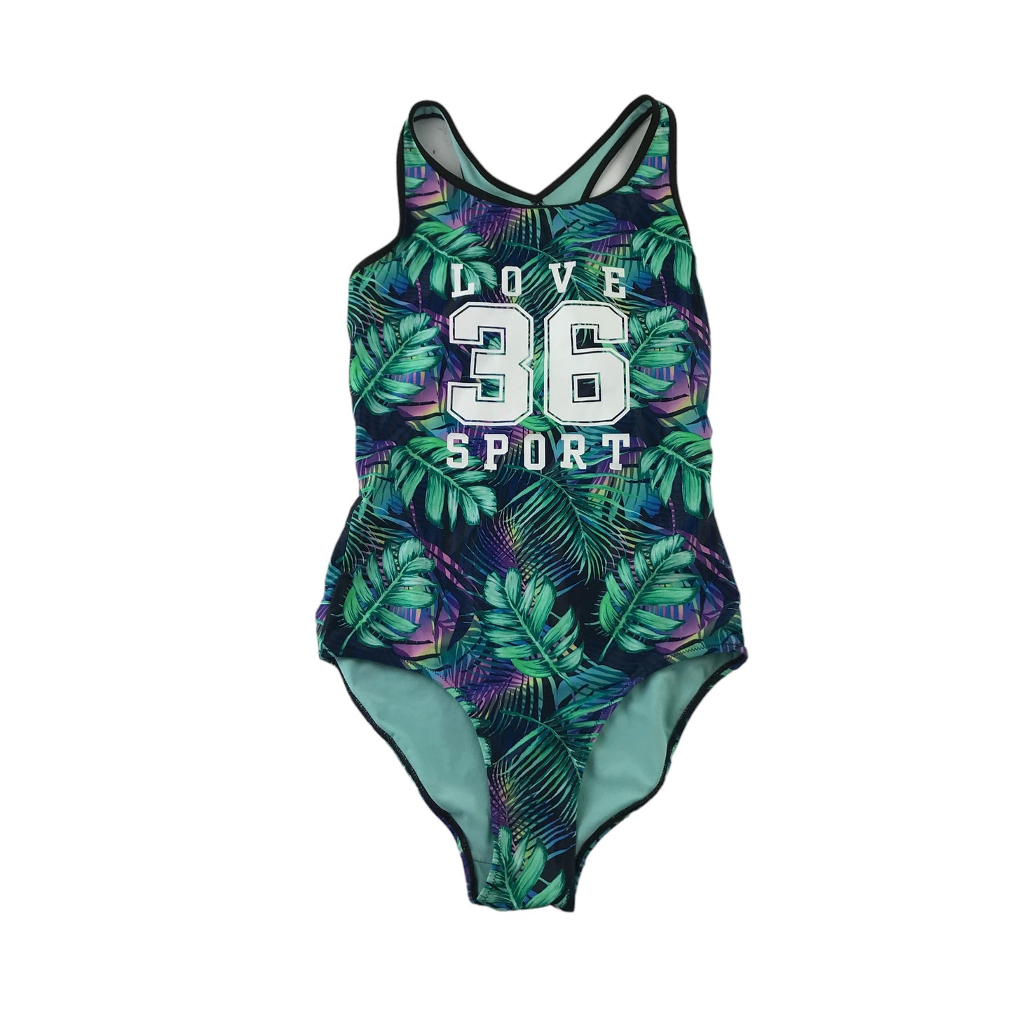 H&M swimsuit 13-14 years green leafy Love printed one piece cossie