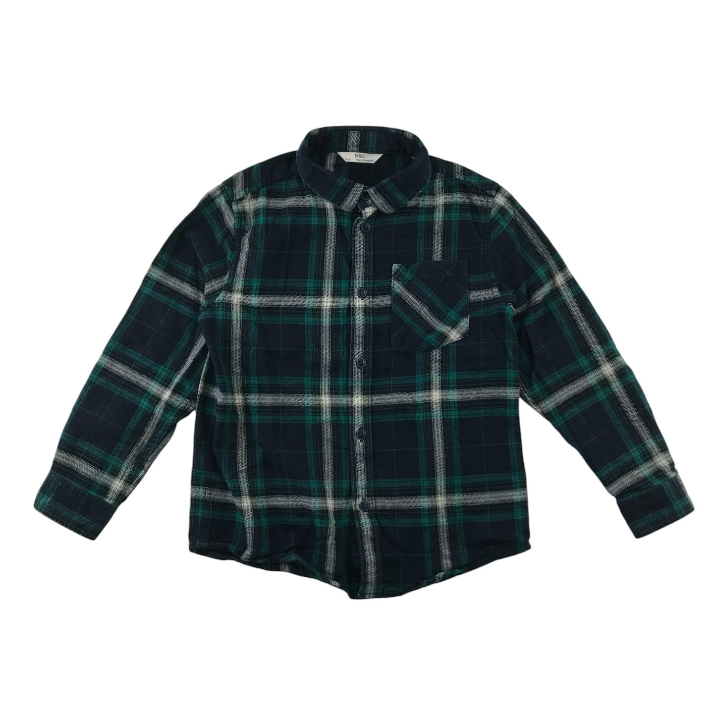 M&S Shirt 7-8 Years Navy and Green Checked Button-Up Cotton