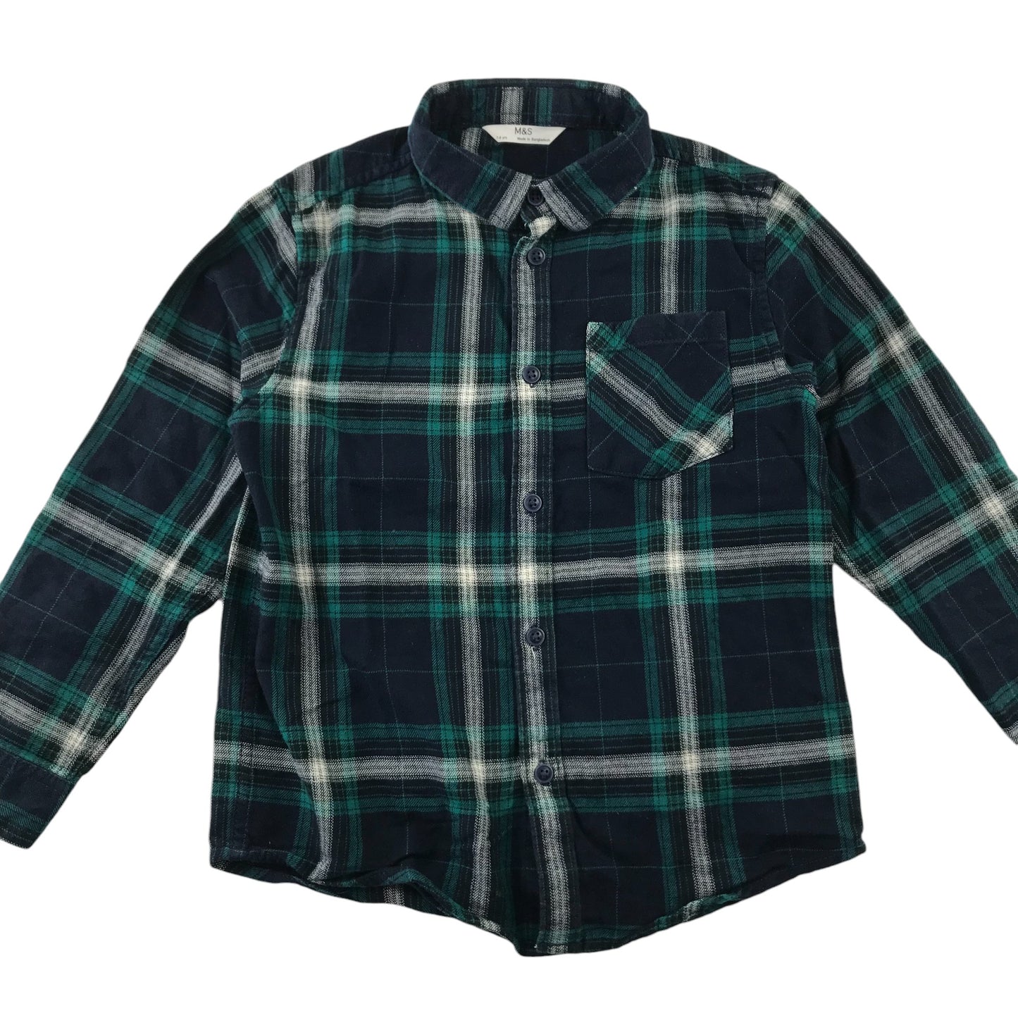 M&S Shirt 7-8 Years Navy and Green Checked Button-Up Cotton