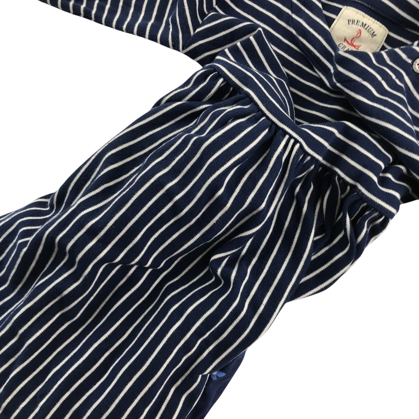 Joules dress 5-6 years navy with white stripes and 2 front pockets with graphic prints