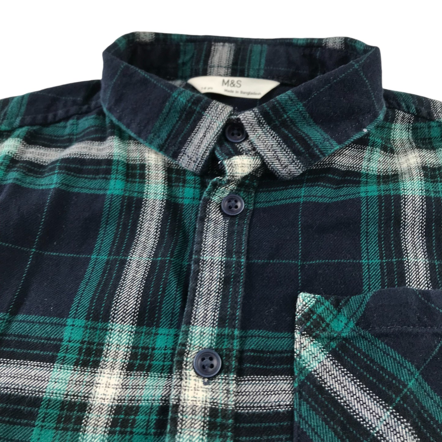 M&S Shirt 7-8 Years Navy and Green Checked Button-Up Cotton